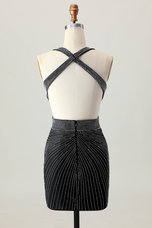 Black Bodycon V-Neck Beaded Cocktail Dress