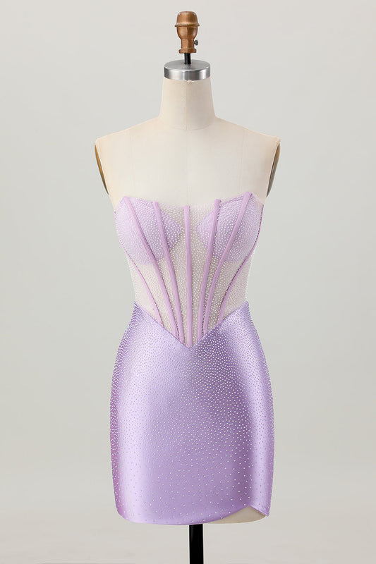 Robe de cocktail courte en satin lilas, bustier corset perlé sans bretelles