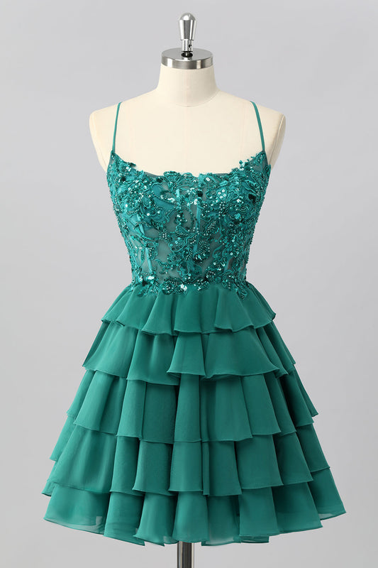 Robe de cocktail trapèze à volants en sequins vert foncé avec appliques