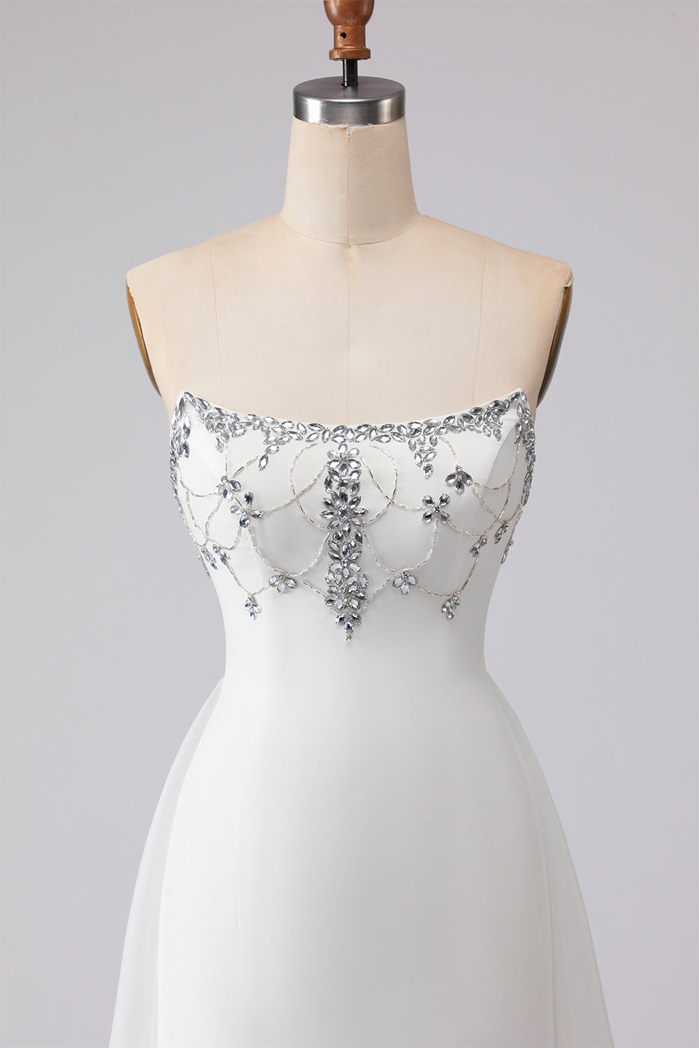 White A-Line Strapless Beaded Satin Long Wedding Dress