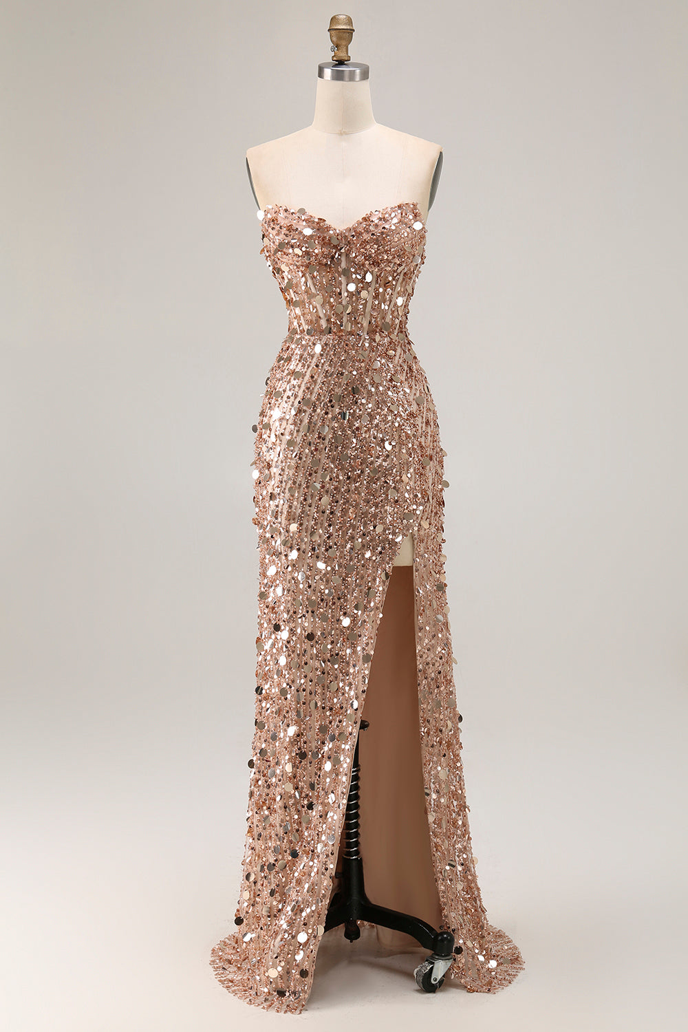 Robe de bal longue fourreau rose pailleté sans bretelles à sequins avec fente