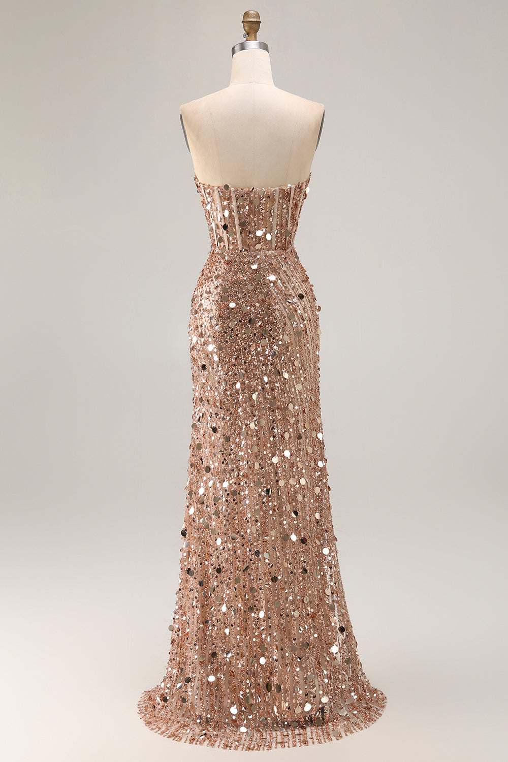 Robe de bal longue fourreau rose pailleté sans bretelles à sequins avec fente