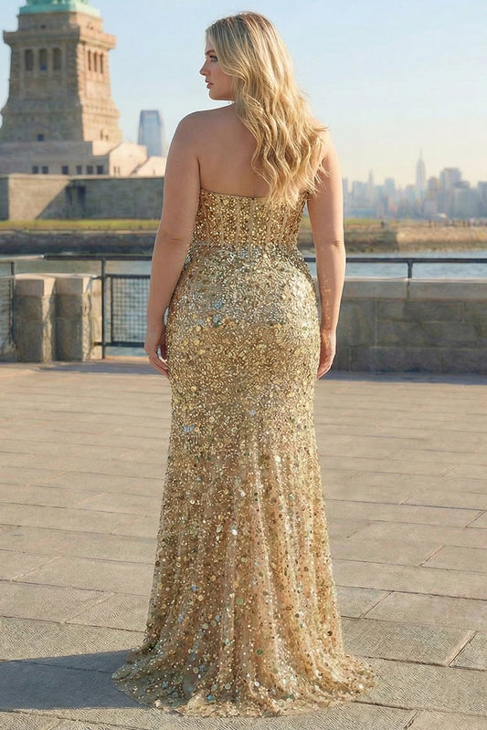 Sparkly Golden Strapless Sequin Sheath Plus Size Long Prom Dress with Slit