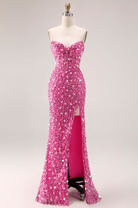 Robe de bal longue corset bustier fourreau rose pailletée avec fente