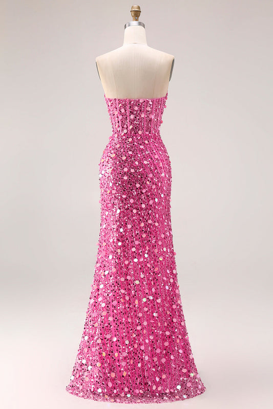 Robe de bal longue corset bustier fourreau rose pailletée avec fente