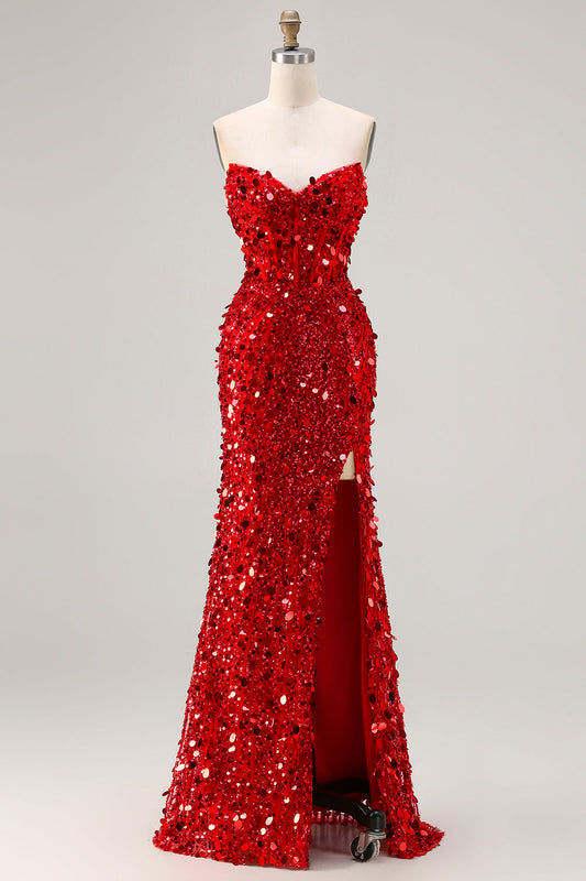 Robe de bal longue bustier fourreau rouge pailleté à sequins avec corset et fente