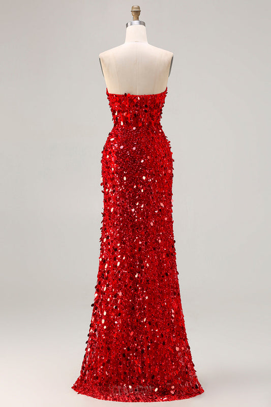 Robe de bal longue bustier fourreau rouge pailleté à sequins avec corset et fente