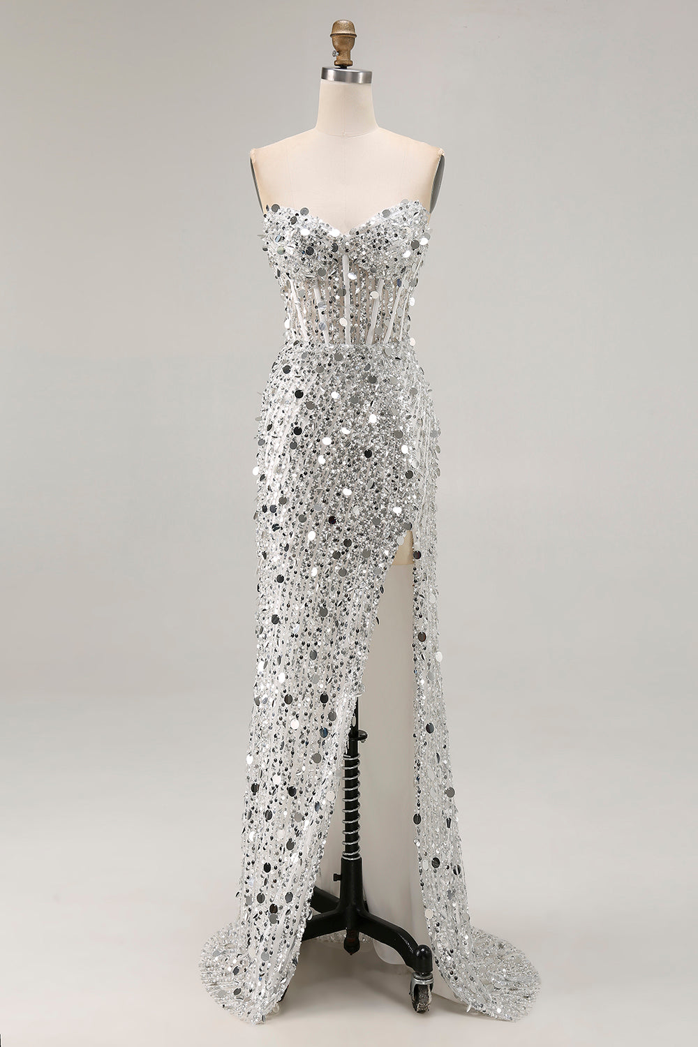 Robe de bal longue fourreau rose pailleté sans bretelles à sequins avec fente