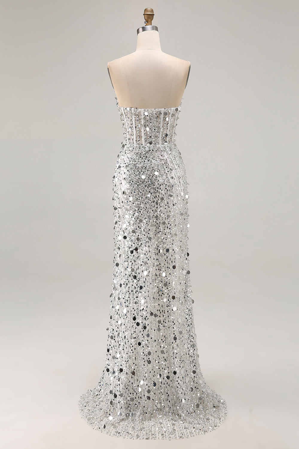 Robe de bal longue fourreau rose pailleté sans bretelles à sequins avec fente