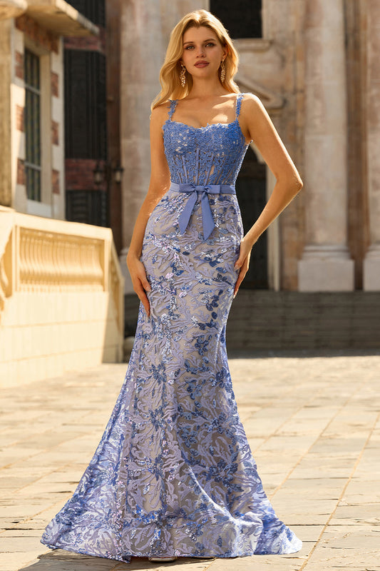 Mermaid Grey Blue Corset Appliqued Sequin Long Prom Dress with Bow