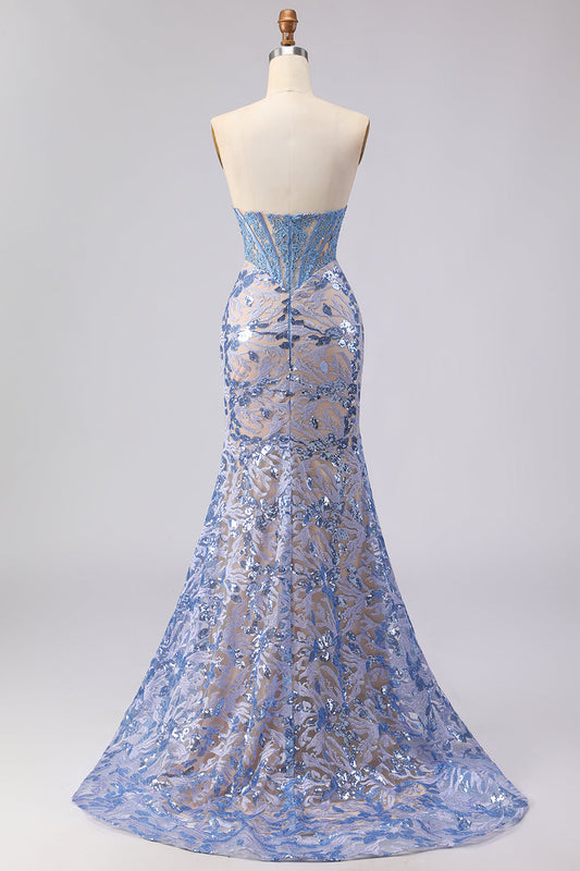 Robe de bal longue sirène corset sans bretelles bleu gris avec sequins