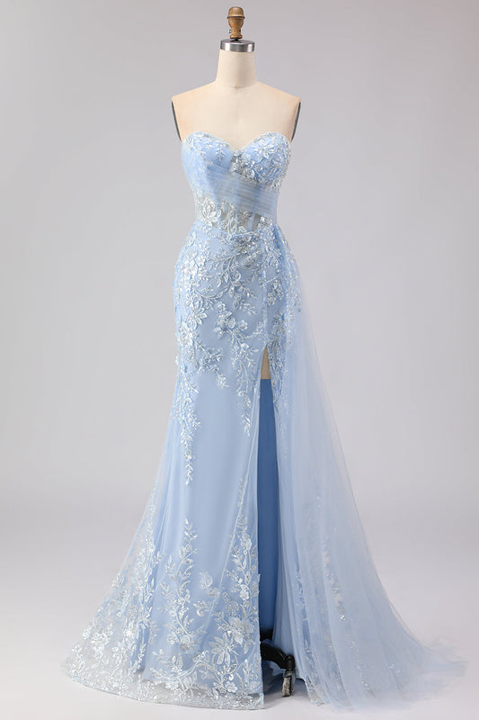 Robe de soirée longue sirène bleu corset bustier perles paillettes et fente