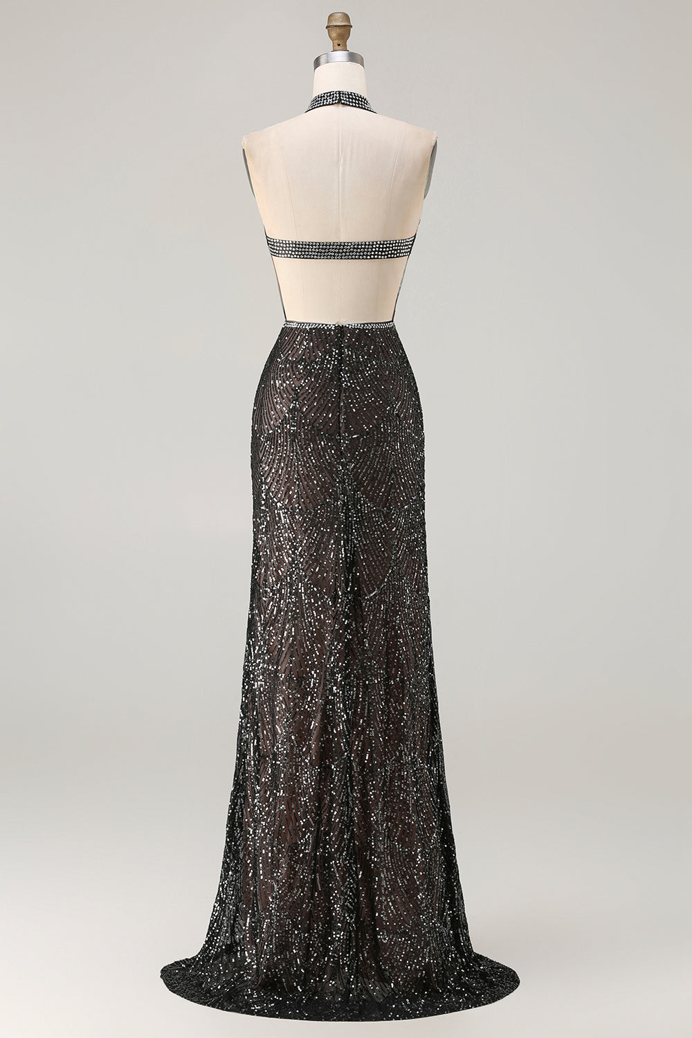 Champagne Sequins Halter Mermaid Beaded Keyhole Long Prom Dress with Slit