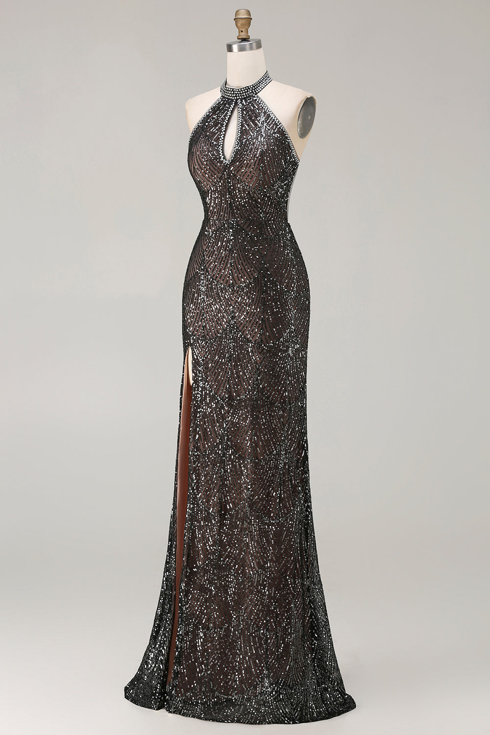 Champagne Sequins Halter Mermaid Beaded Keyhole Long Prom Dress with Slit