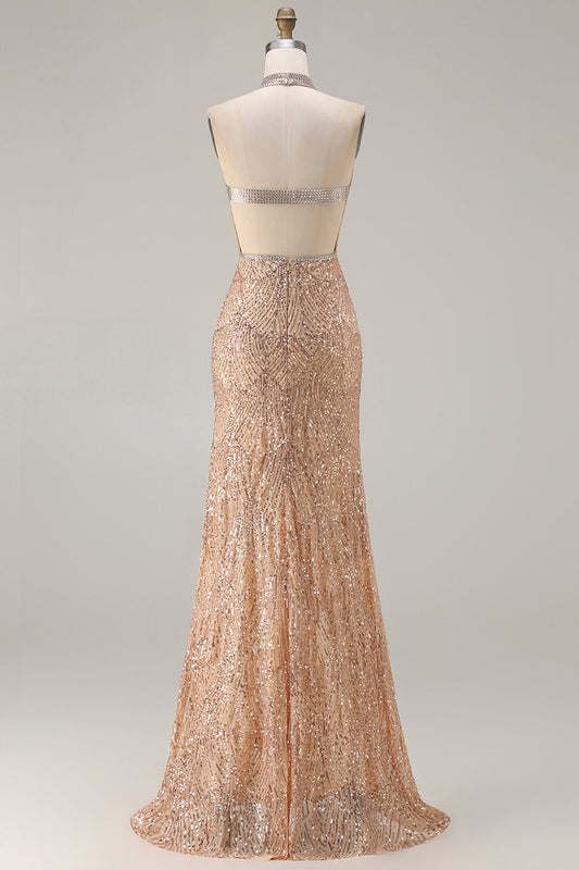Robe de bal longue en dentelle à paillettes et perles champagne avec dos nu et fente
