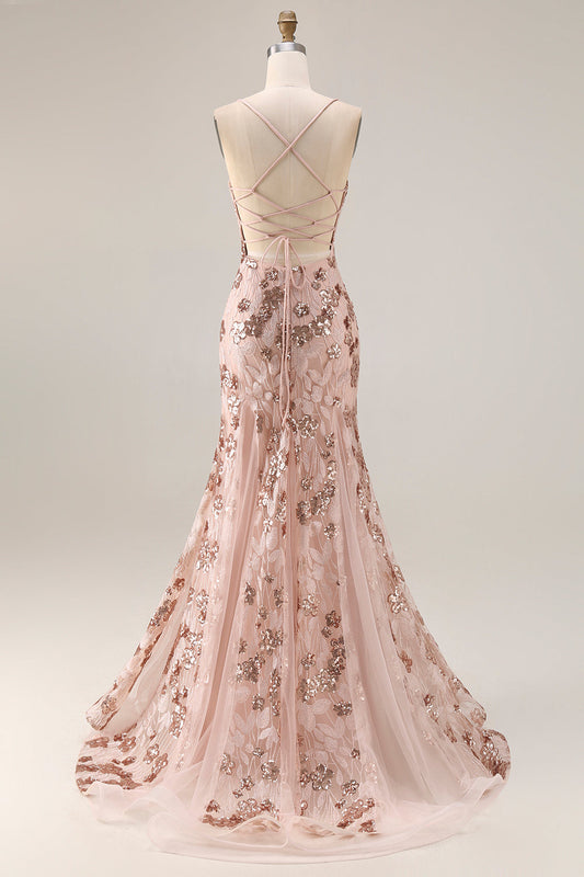 Robe de bal longue sirène dorée rose étincelante avec laçage au dos et paillettes