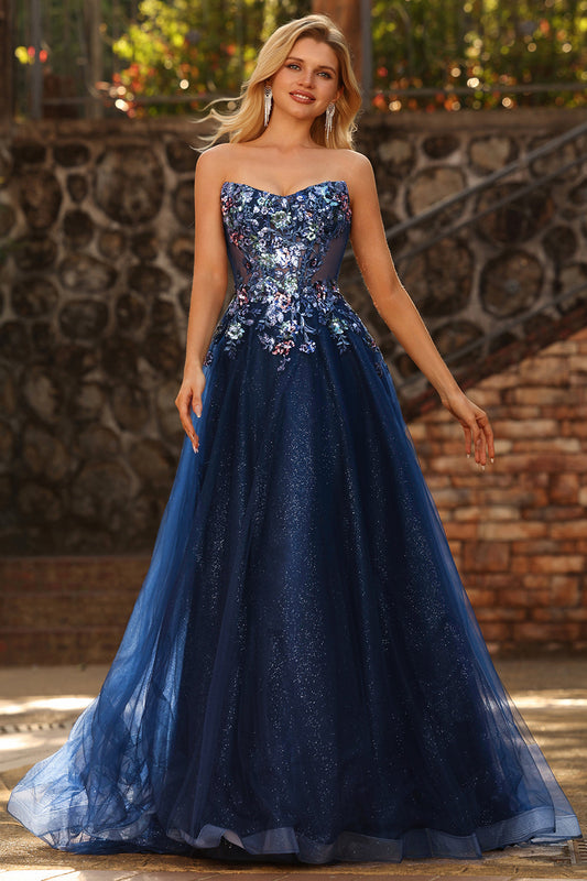 Robe de bal longue en tulle ligne A à bustier transparent et corset sequin bleu marine