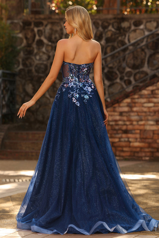 Robe de bal longue en tulle ligne A à bustier transparent et corset sequin bleu marine