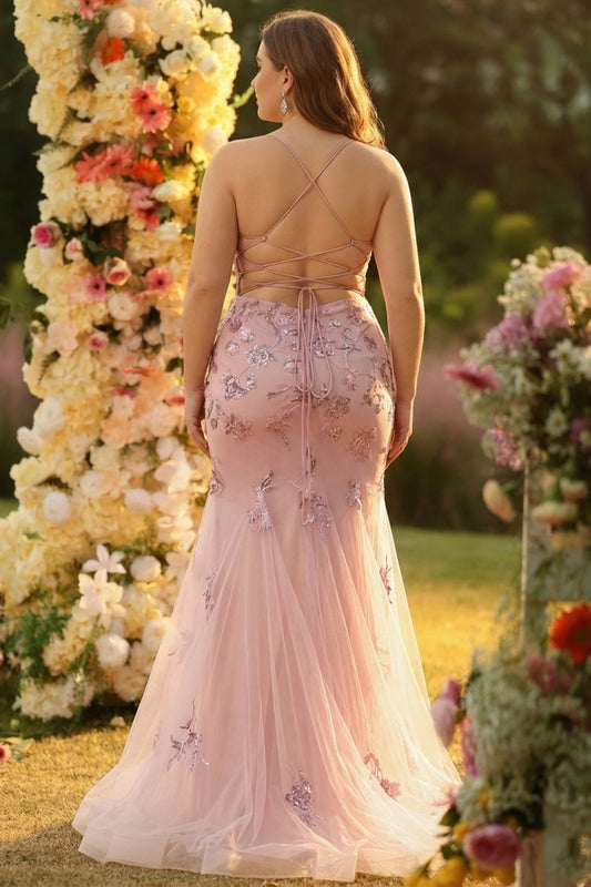 Robe de bal longue grande taille style corset cœur, ornée de perles et de paillettes, couleur blush