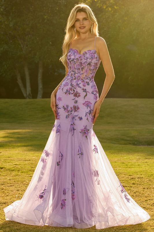Robe de soirée longue sirène violette transparente à corset, perles et paillettes, avec dos lacé