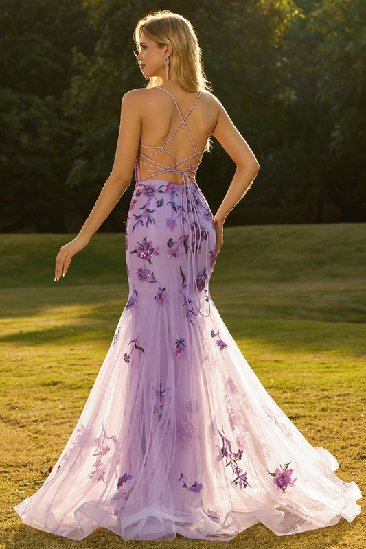 Robe de soirée longue sirène violette transparente à corset, perles et paillettes, avec dos lacé