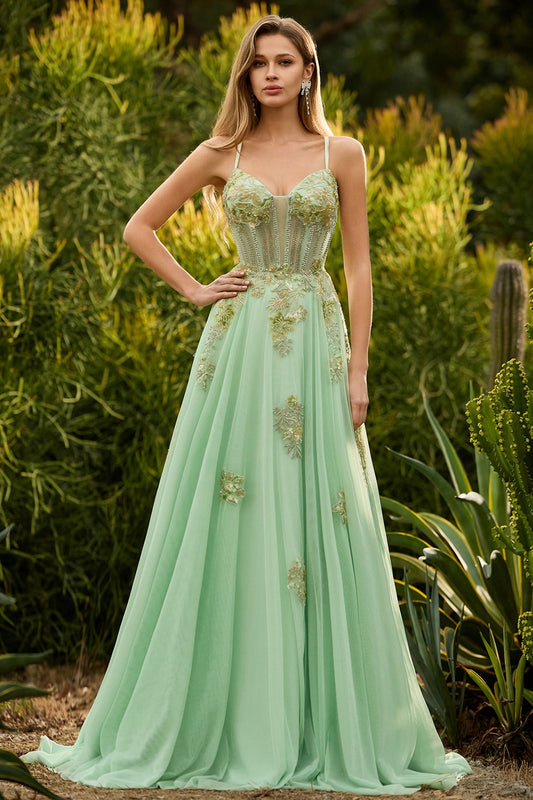 Robe de bal longue en dentelle à dos corset avec perles et paillettes ligne A verte