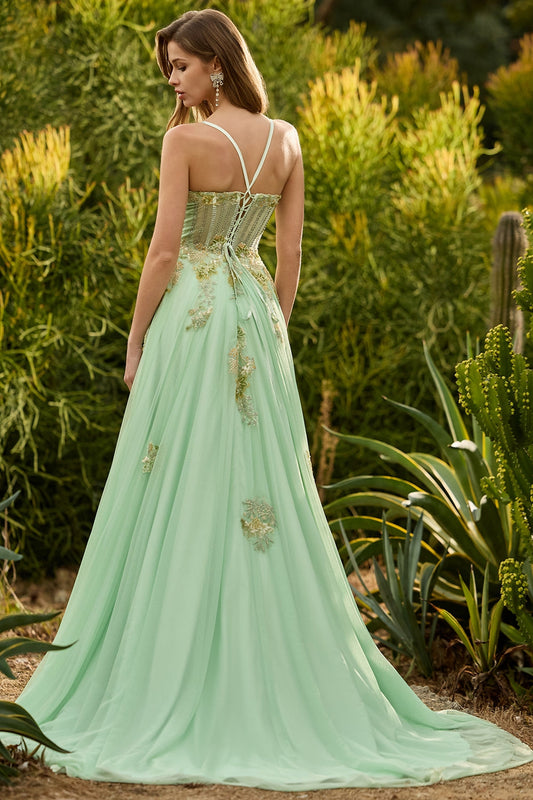 Robe de bal longue en dentelle à dos corset avec perles et paillettes ligne A verte