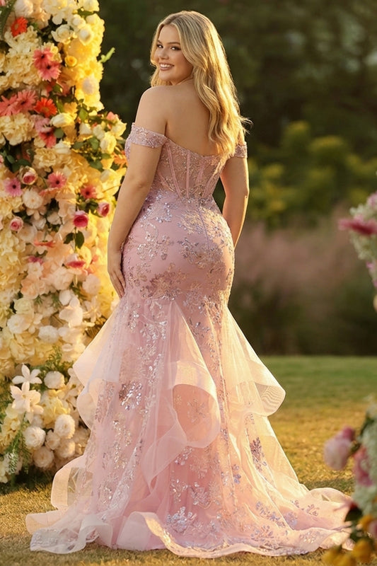 Robe de bal sirène longue grande taille rose blush à épaules dénudées avec corset perlé et volants