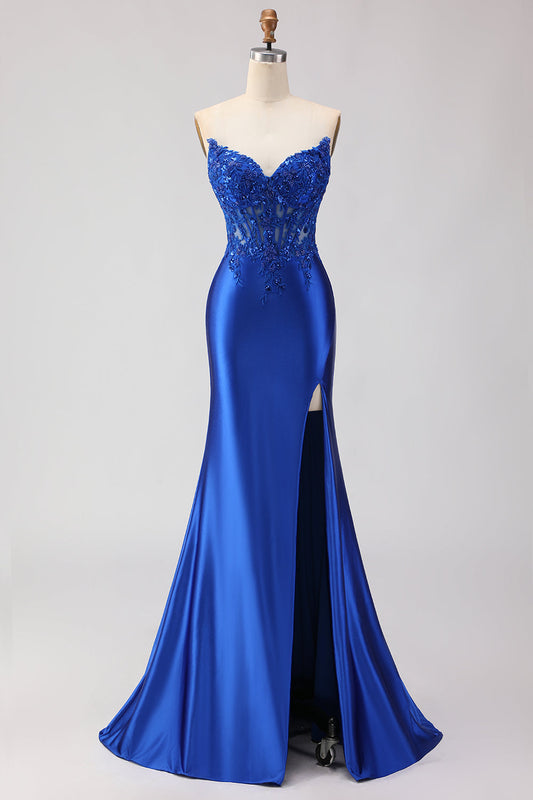 Royal Blue Strapless Mermaid Satin Corset Beaded Long Prom Dress with Slit