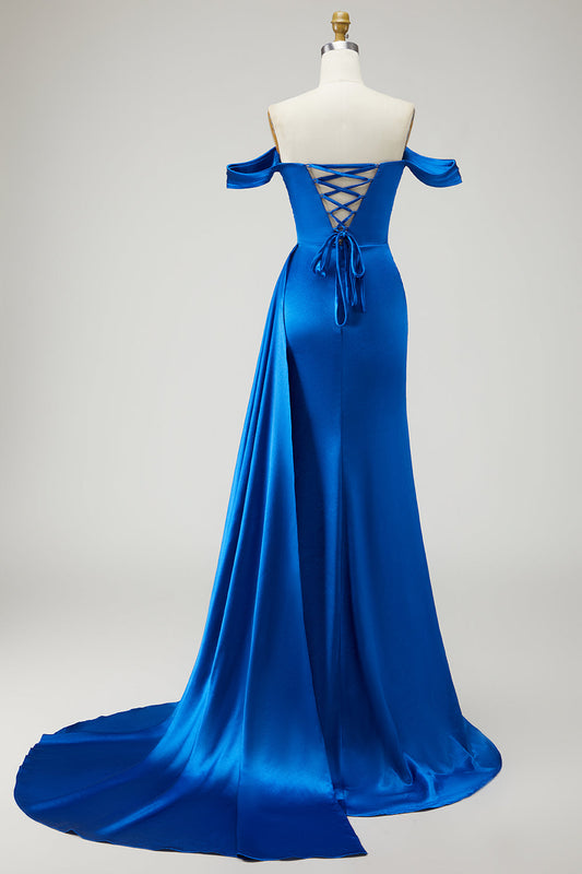 Mermaid Off the Shoulder Beaded Pleated Satin Royal Blue Long Prom Dress with Slit