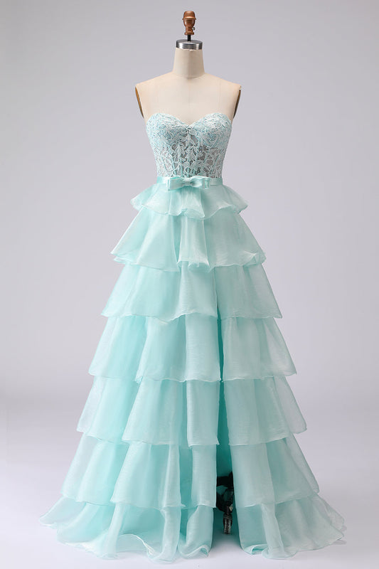 Green A Line Strapless Corset Beaded Tiered Long Prom Dress with Lace