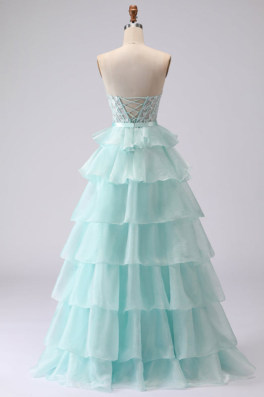 Green A Line Strapless Corset Beaded Tiered Long Prom Dress with Lace