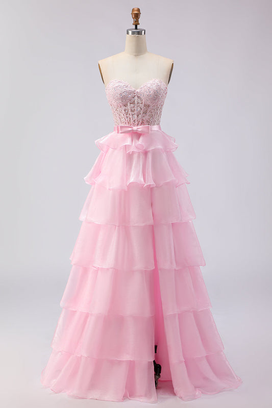 Pink Strapless Tiered A Line Corset Beaded Long Prom Dress with Slit