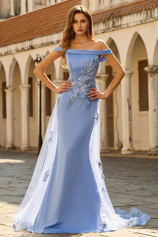 Robe de mère de la mariée sirène gris-bleu à épaules dénudées avec applications et sequins