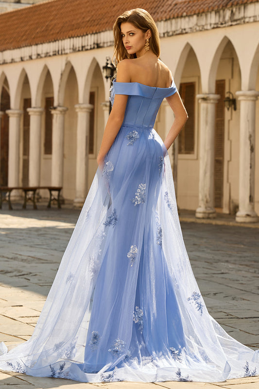 Robe de mère de la mariée sirène gris-bleu à épaules dénudées avec applications et sequins