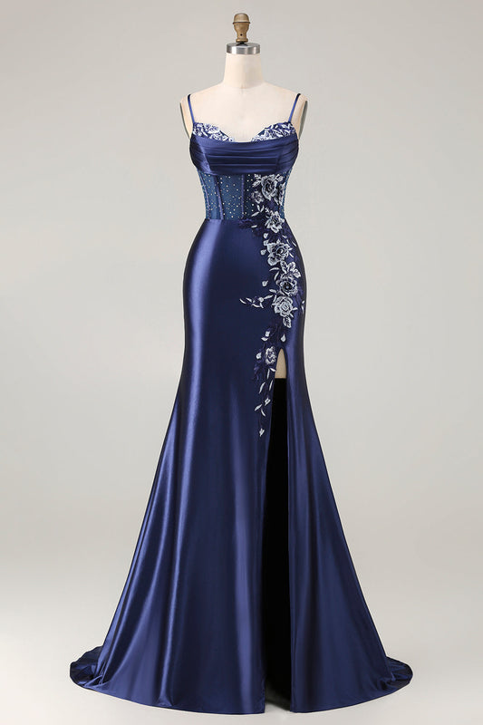 Navy Mermaid Beaded Corset Embroidered Long Prom Dress with Slit