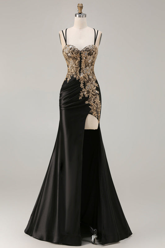 Robe de bal longue en satin brodé de perles et de sequins, coupe sirène noire avec fente