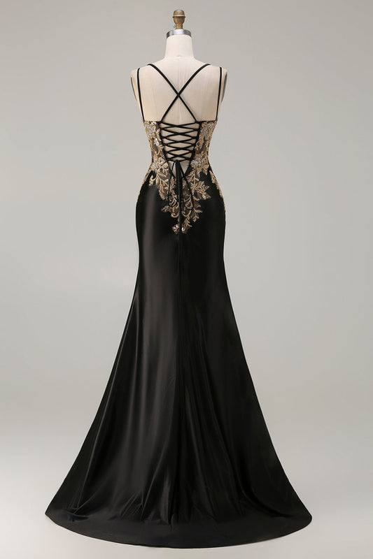 Robe de bal longue en satin brodé de perles et de sequins, coupe sirène noire avec fente