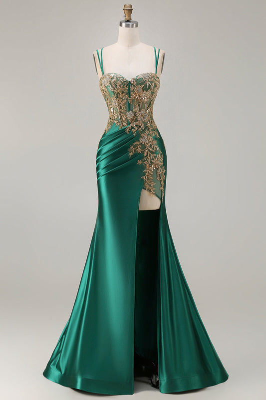 Robe de soirée longue sirène vert foncé avec fente, perles et sequins, laçage au dos