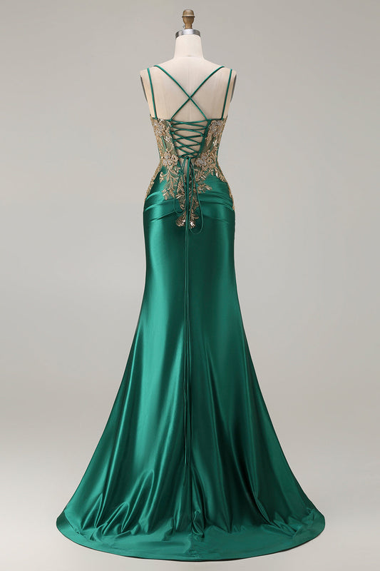 Robe de soirée longue sirène vert foncé avec fente, perles et sequins, laçage au dos