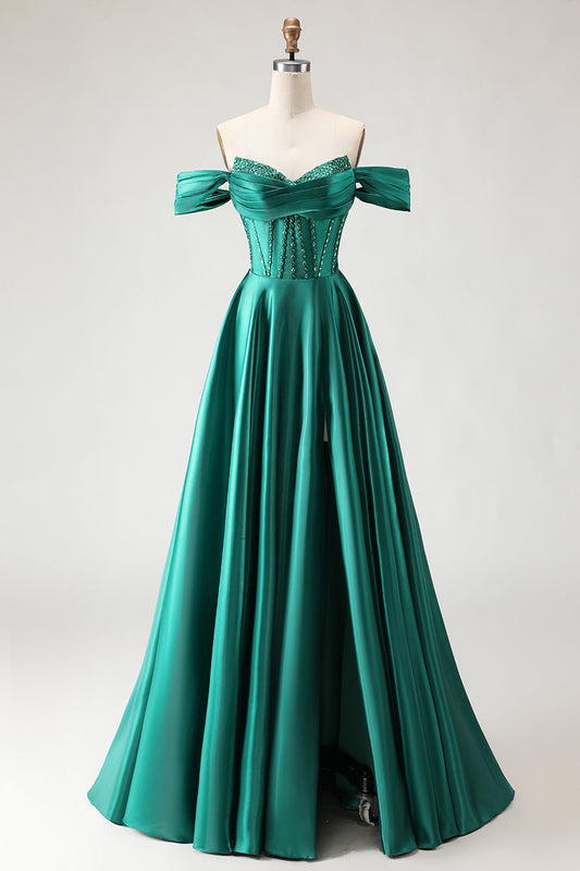 Robe de bal longue en corsage à perles vert foncé, coupe ligne A, épaules dénudées, avec fente