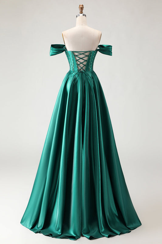 Robe de bal longue en corsage à perles vert foncé, coupe ligne A, épaules dénudées, avec fente