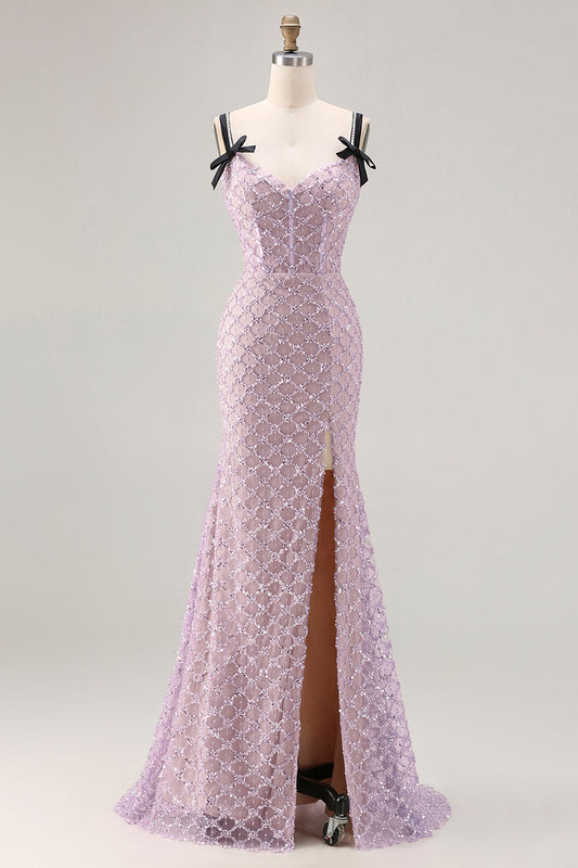 Robe de bal longue en dentelle Lilas Sirène perles corsage paillettes fendue