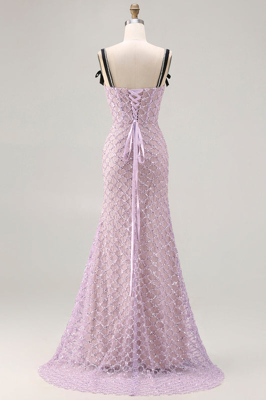 Robe de bal longue en dentelle Lilas Sirène perles corsage paillettes fendue