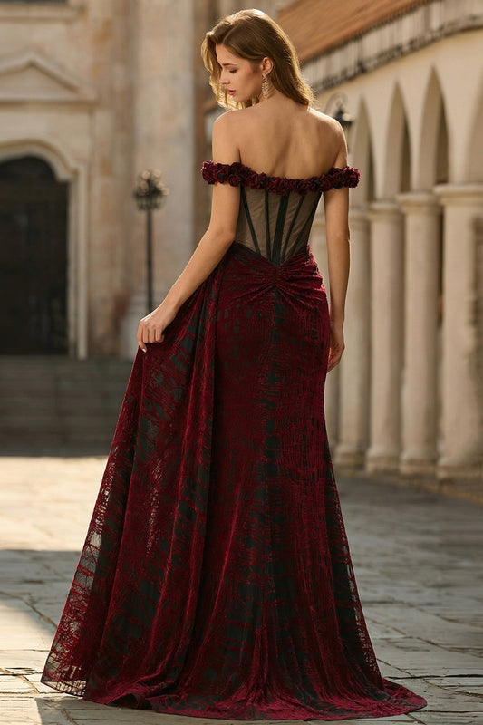 Off The Shoulder Black Red Corset Mermaid Long Prom Dress with Slit