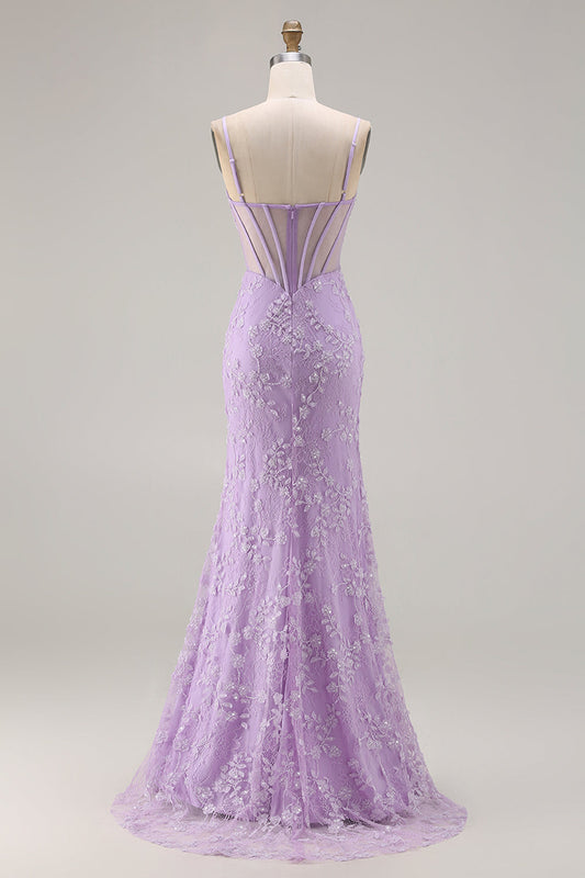Robe longue de bal sirène violette transparente à fines bretelles avec corset, dentelle, perles et fente