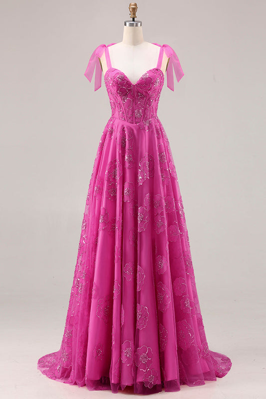 Fuchsia A-Line Burnout Beaded Floral Long Prom Dress with Lace Up Back