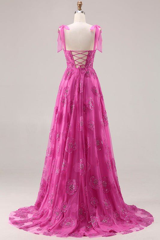 Fuchsia A-Line Burnout Beaded Floral Long Prom Dress with Lace Up Back