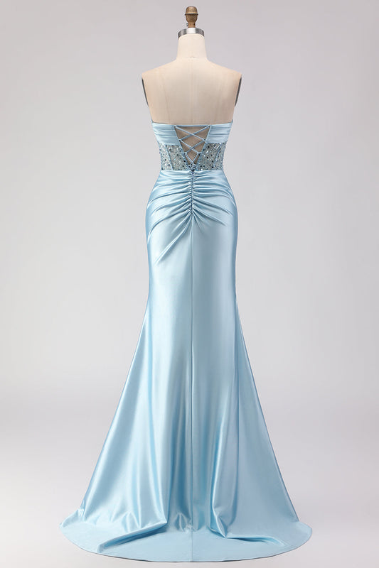 Robe de soirée longue sirène bustier bleue fendue avec fleurs 3D et sequins