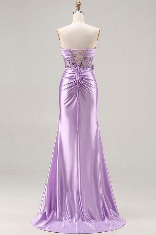 Robe de bal longue sirène violette bustier avec fleurs 3D, sequins et fente
